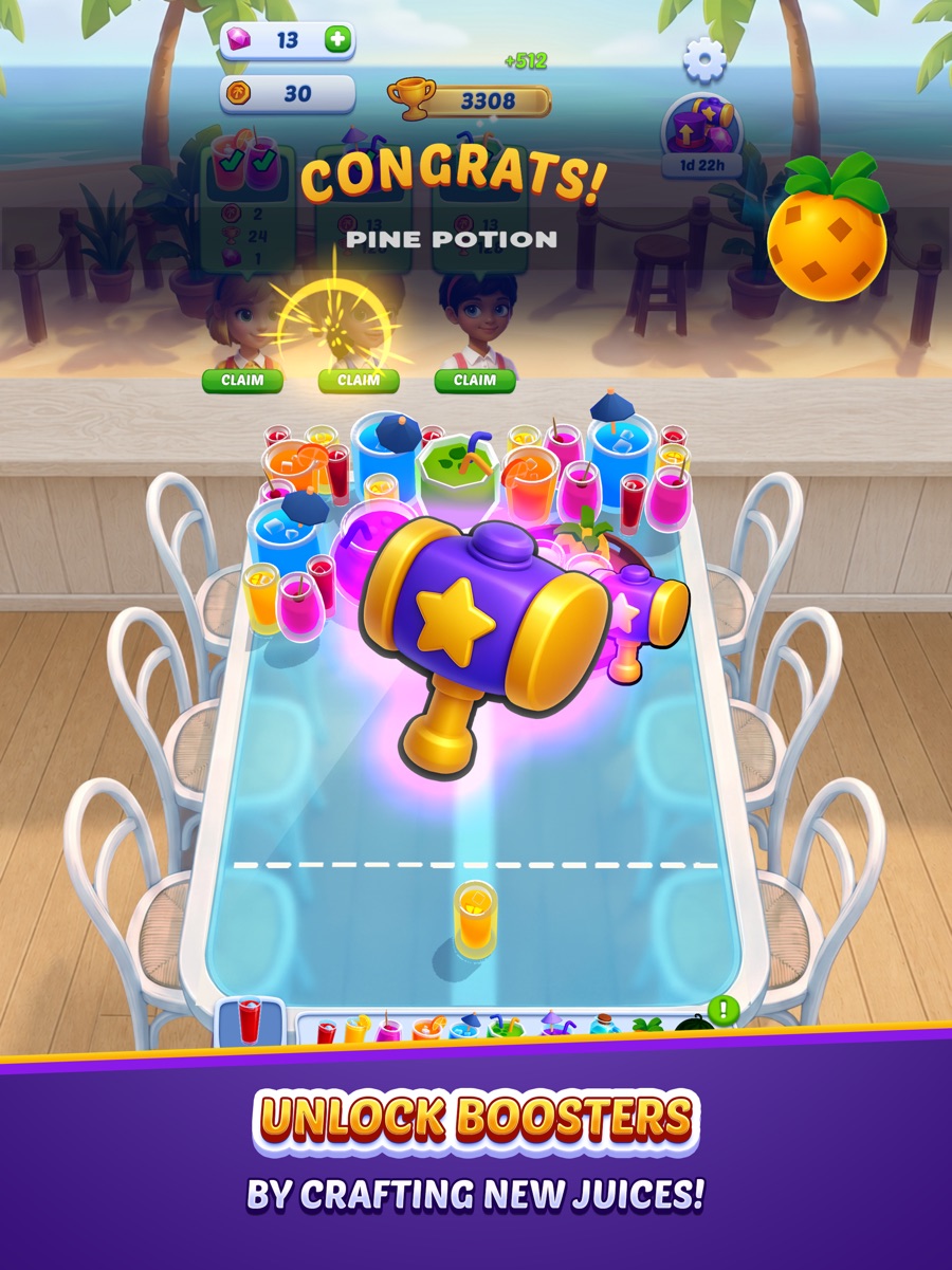 A CONGRATS screen showing the Pine Potion drink unlocked together with a hammer booster