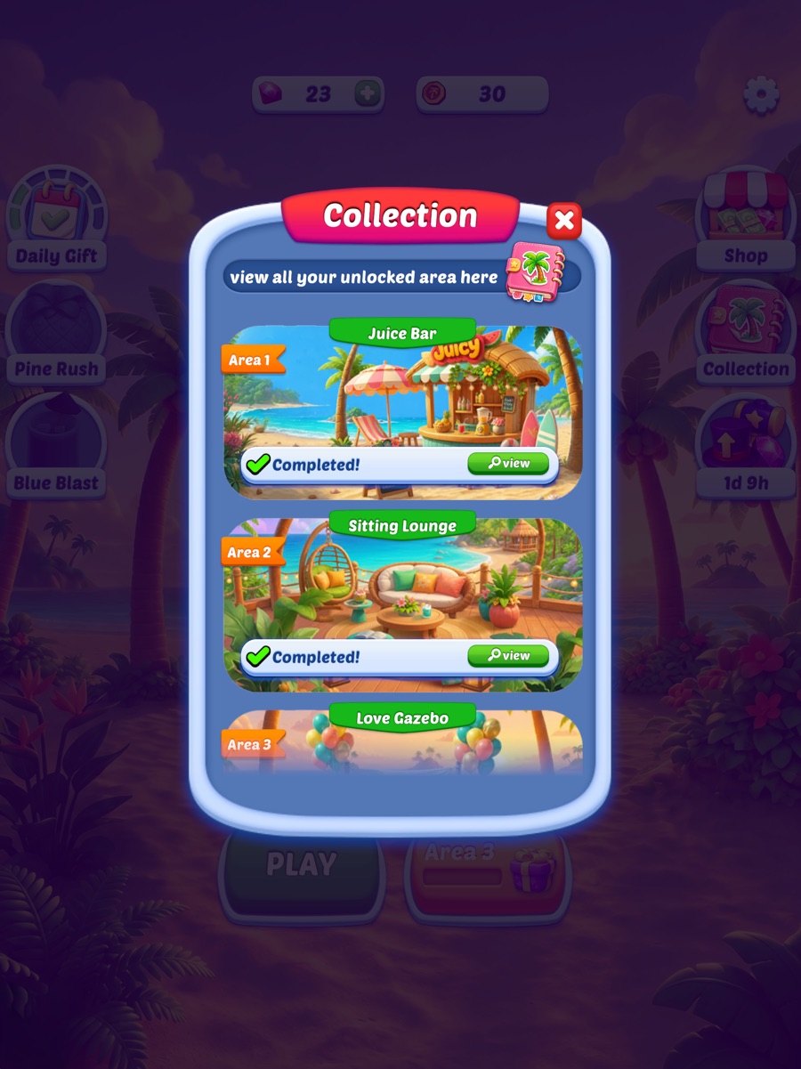 Collection screen listing unlocked areas: Juice Bar, Sitting Lounge and Love Gazebo