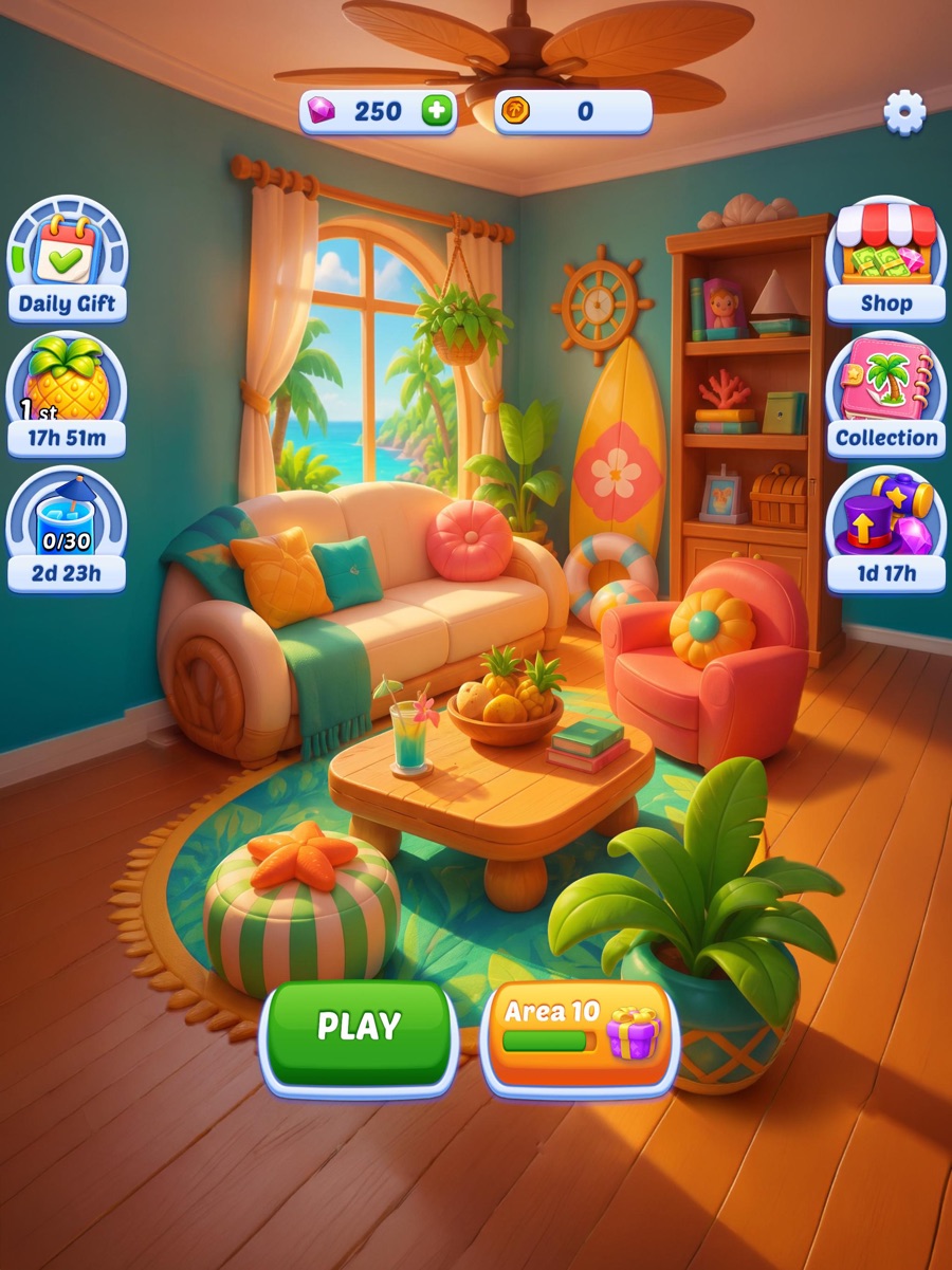 A decorated lounge area with sofa, surfboard and plants, with Play and Area 10 buttons