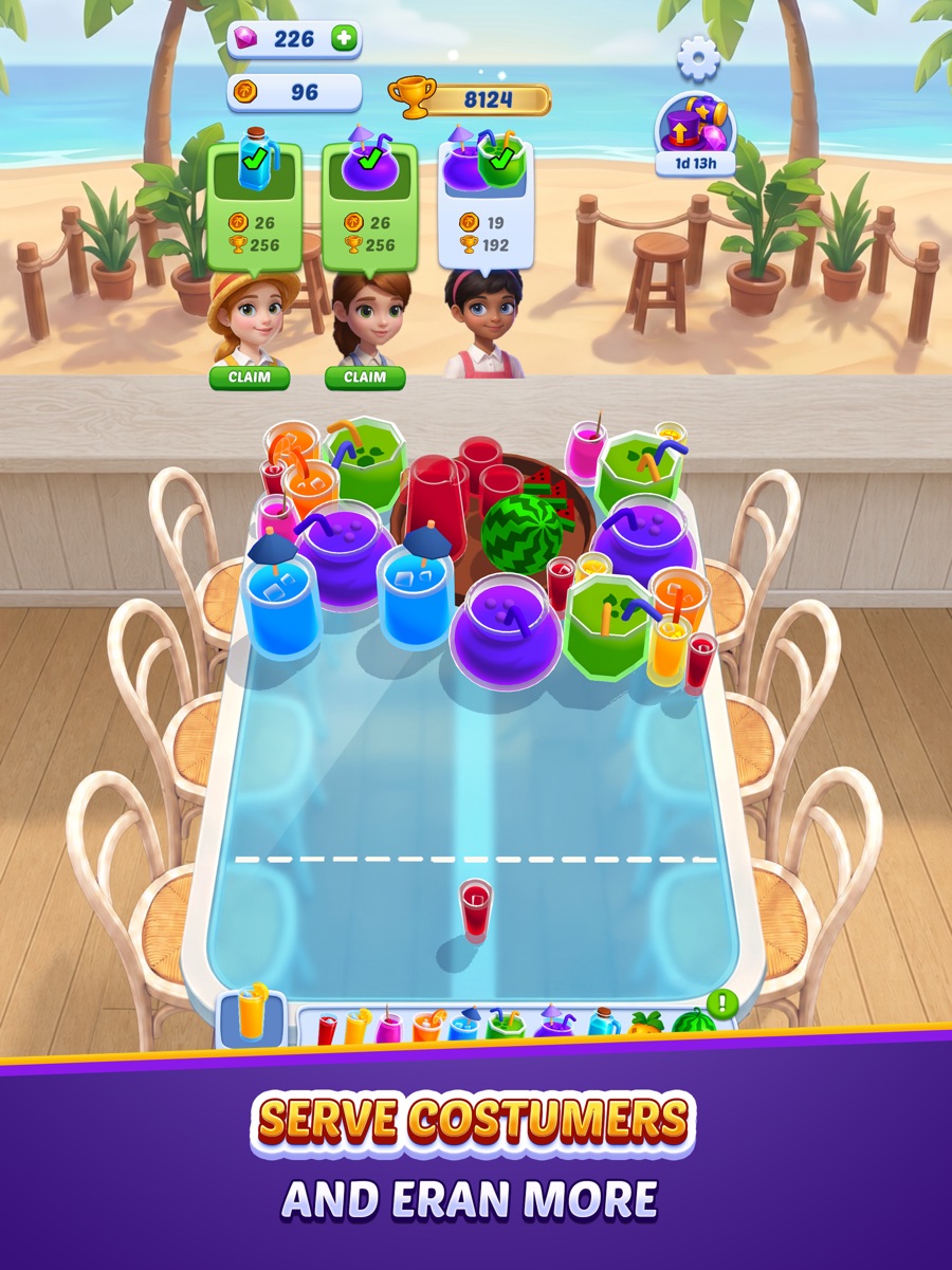 Customers at the bar with order cards showing the drink and reward, and CLAIM buttons beneath them